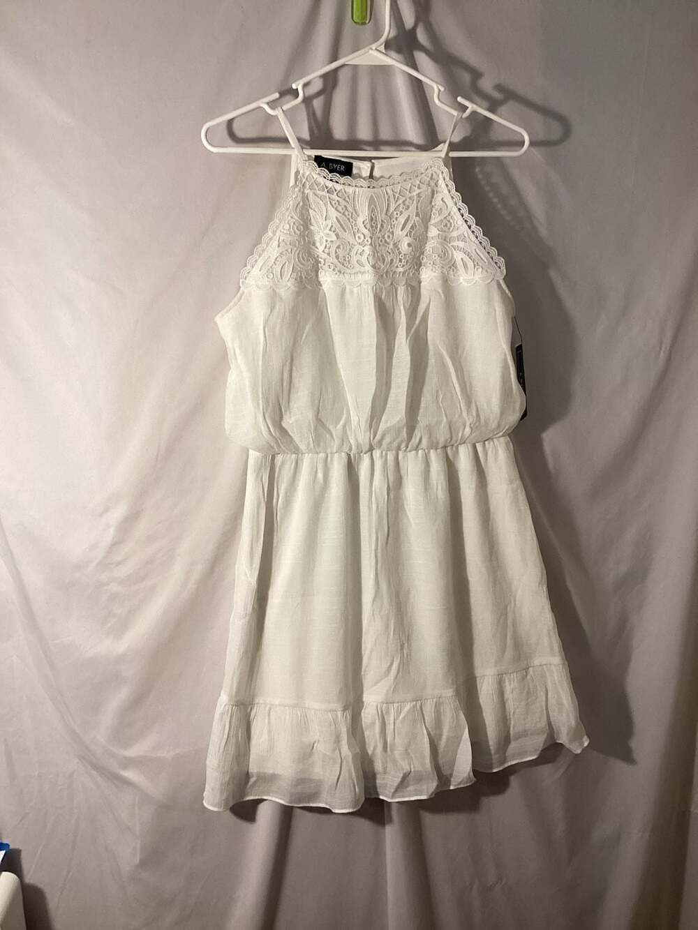 A. Byer Women's Off-White Halter Neck Mini Dress with Crochet Detail